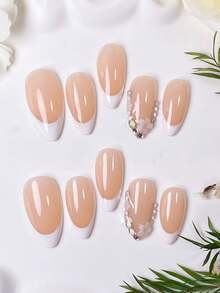 10 piezas de uñas postizas de almendra hechas a mano, estilo francés blanco con decoraciones de flores de strass. Versátiles para todas las formas de manos, adecuadas para salidas diarias, citas dulces y otras ocasiones. Una opción de regalo delicada y lujosa para damas. - Multicolor - Ver 4