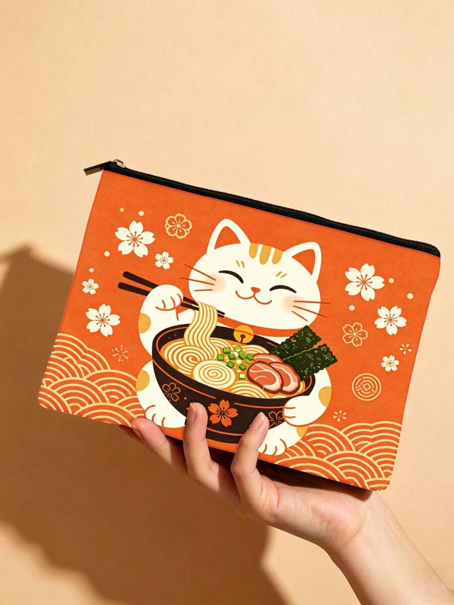 招财猫吃拉面图案化妆包,日式食品招财猫拉链袋 - 彩色 - 查看 1