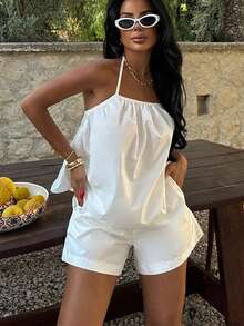 Women's Solid Color Halter Neck Tank Top And Shorts Casual 2-Piece Set White Summer - White - View 5