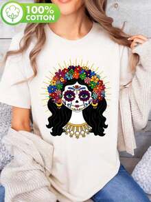 Lightweight T-Shirt With A Y-Shaped Skull And Gold Flower Print, Fun For Day Of The Dead Costumes, Featuring A La Catrina Skull And Flower Print, Short Sleeves, And A Round Neck. Casual Style, Suitable For Summer And Spring, 100% Cotton, A Hit With Women. All Kinds Of Prints, Jacket, Round Neck T-Shirt, Casual, For The Office, For Travel, Very Popular, Sporty Style, Print/Pattern, 100% Cotton T-Shirt, Casual T-Shirt, Comfortable, Soft, Breathable. The Latest Popular Bestseller - 白色 - 查看 6