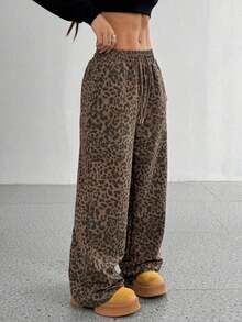 Pantalones rectos de cintura alta con estampado de leopardo retro, cintura elástica con cordón, estilo callejero casual de chica americana, para primavera y otoño - Multicolor 2 - Ver 7