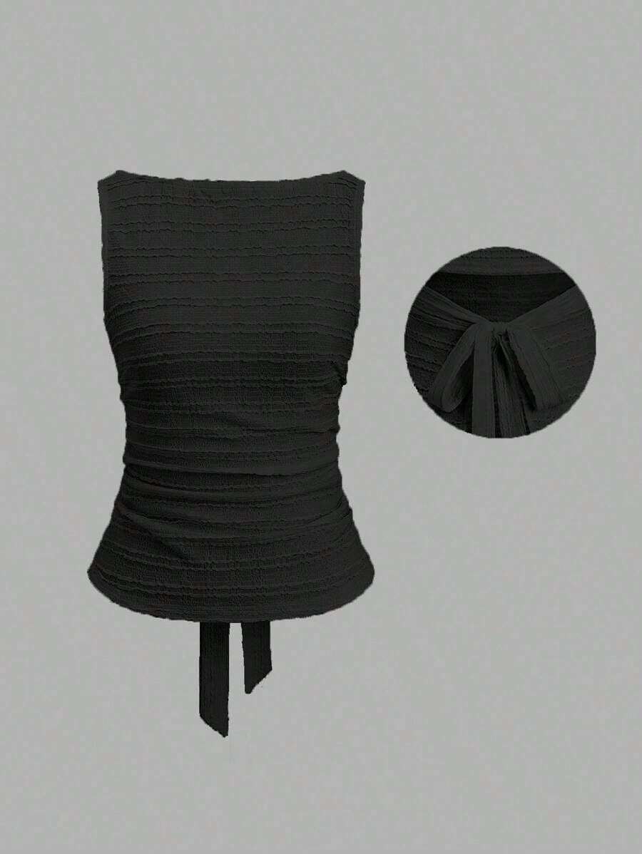 Camiseta sin espalda de unicolor casual para mujer en verano - Negro - Ver 1