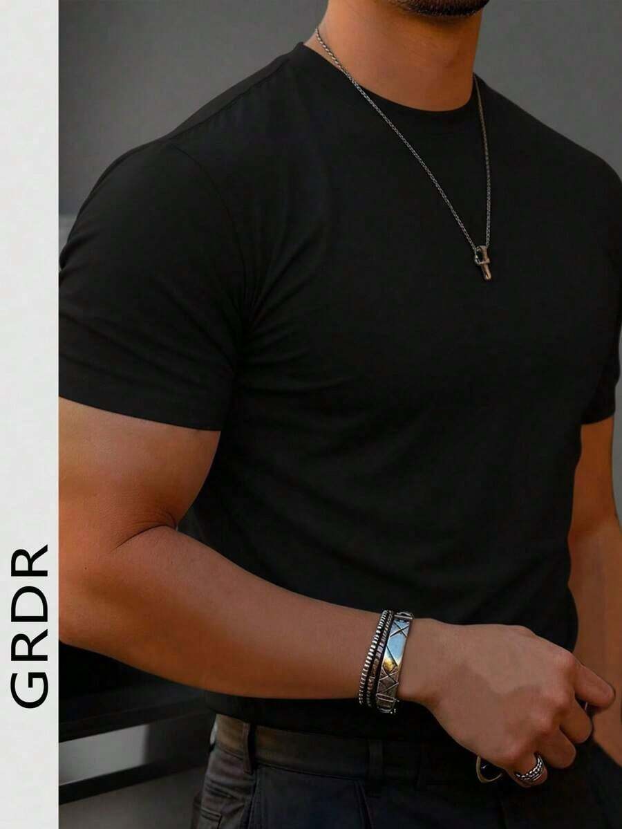 Men's Fashionable Solid Color Basic Short Sleeve Casual T-Shirt GRDR - Black - View 1