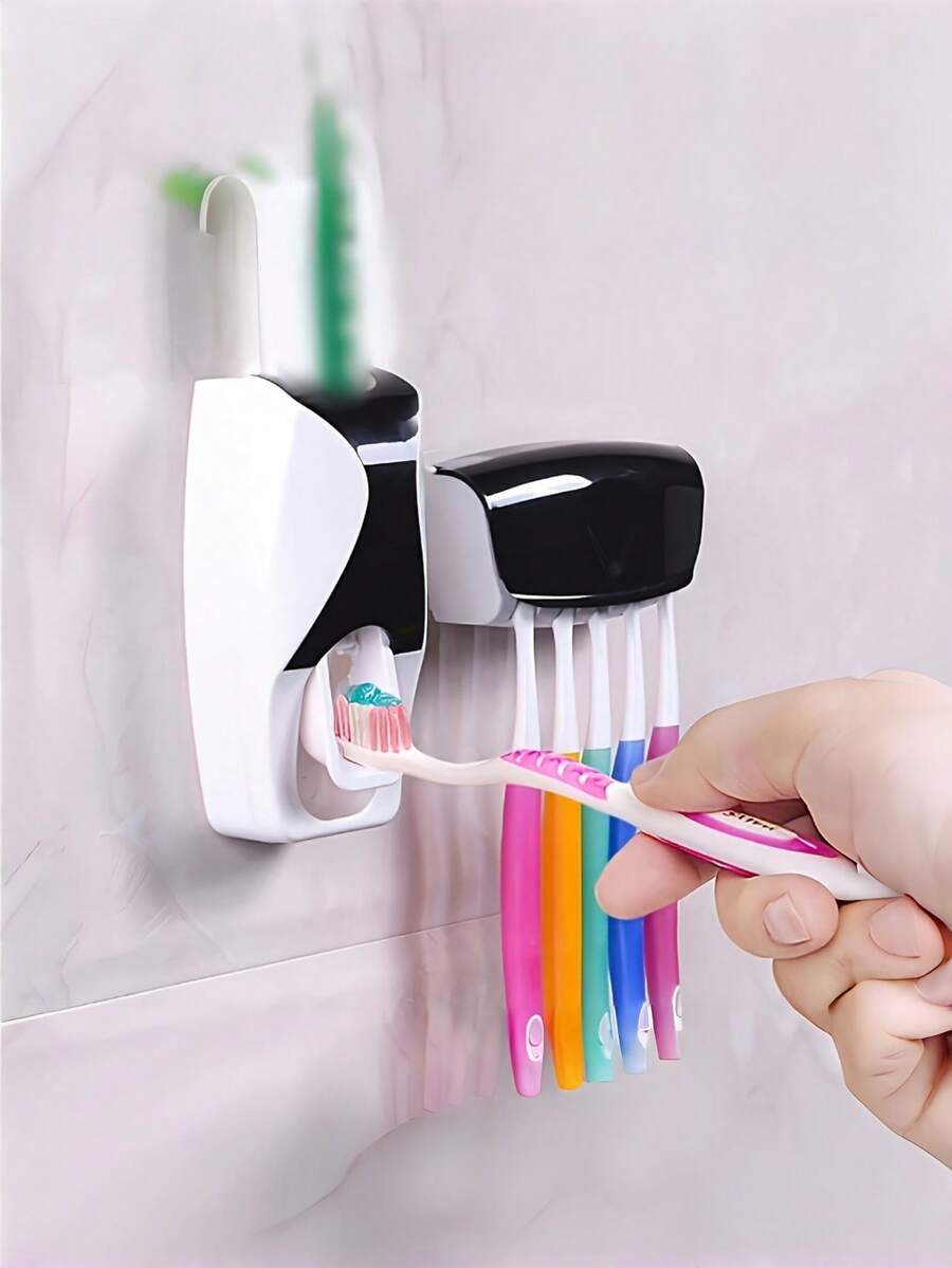 1 Juego de soporte para cepillo de dientes montado en la pared con dispensador automático de pasta de dientes, caja de almacenamiento para 5 cepillos, estantería de ducha con compartimento de almacenamiento, sin necesidad de perforar