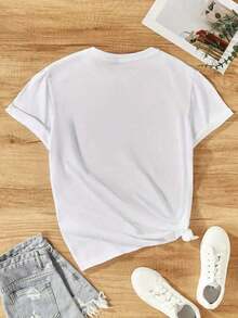 Soft 100% Cotton T-Shirt. Women's Casual Graphic Tee With Creative Bow, Pencil Case, And Notebook Design. Vibrant Colors, Loose Fit, Round Neck, Short Sleeves, Perfect For Spring And Summer. Breathable Cotton Tee, All-Around Cool. - 白色 - 查看 4