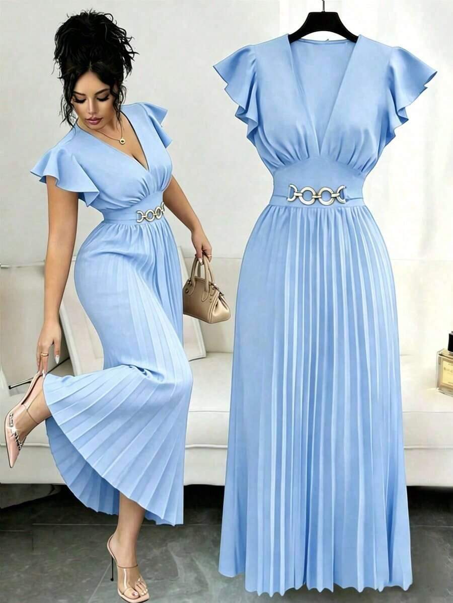 New V-Neck Ruffle Sleeve Woven Solid Color Metal Decor Button Pleated Design Elegant Young Valentine's Day Party Resort Cocktail Slim Fit Maxi Dress For Women - Blue - View 1