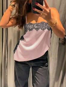 Top tipo camiseta de estilo callejero de moda para mujer, camisola de satén con parches de encaje floral, elegante top sin espalda sin mangas con tirantes finos, camisola sexy con encaje y tela tejida de unicolor para uso diario y salidas de verano - Rosa - Ver 9