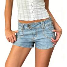 Women's Denim Shorts With Pockets Stylish Solid Color Mid Rise Jean Shorts For Summer - Baby Blue - View 4