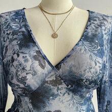 WYWH CURVE Plus Size Women Print Deep V-Neck Flare Sleeve Ruffle Hem Blouse - Multicolor - Ver 5