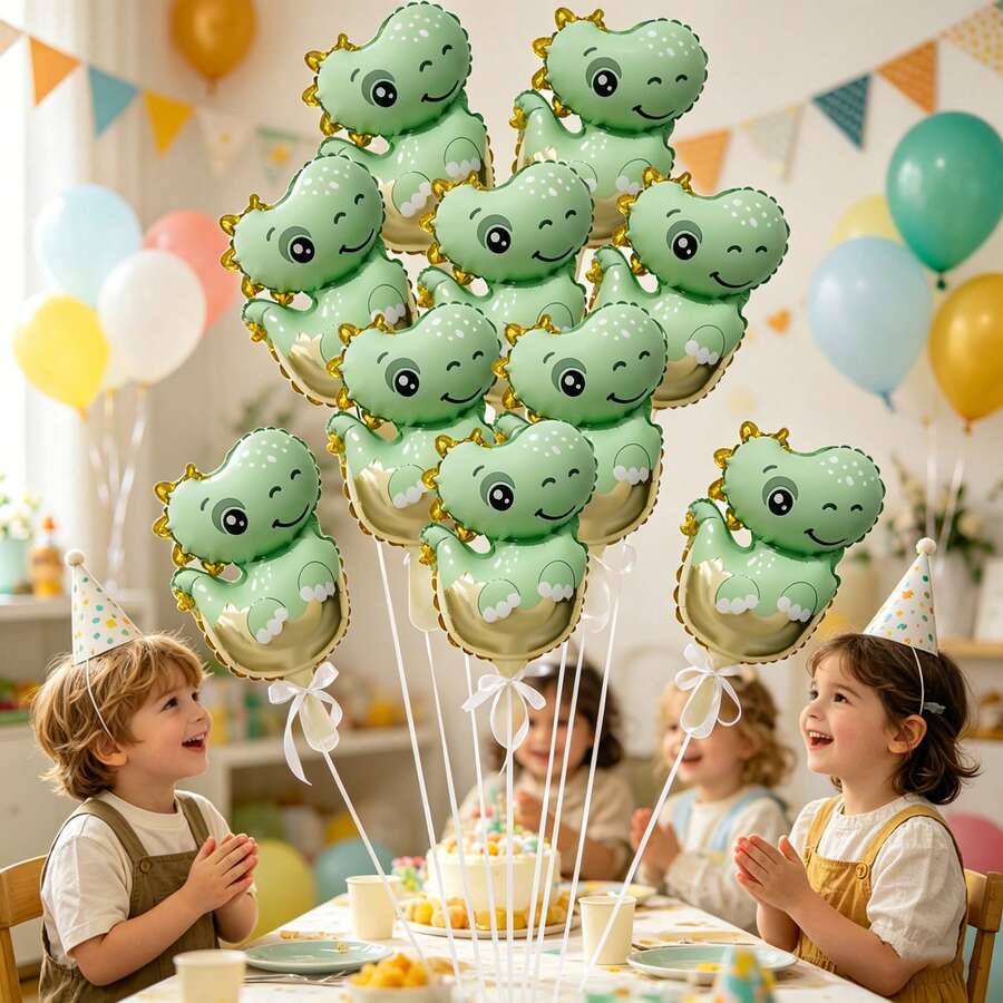 10pcs 16-Inch Mini Green Dinosaur Foil Balloons, Suitable For Birthday Party Decoration Balloon Set (Excluding Strings) - View 1
