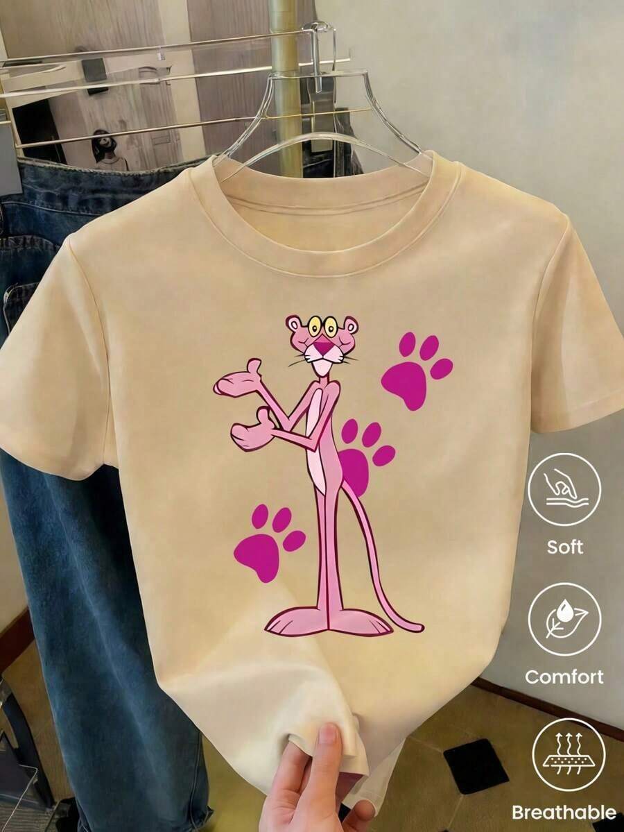 Suave Camiseta de cuello redondo y mangas cortas de ropa fashion, fabricada en México, para la temporada primavera-verano Con estampado de dibujos animados, es un modelo de pareja, apta para usar tanto por dentro como por fuera, ideal para oficina y estilo casual, diseñada para hombres y mujeres, en unidad individual, blusas para mujer elegante - Albaricoque - Ver 1