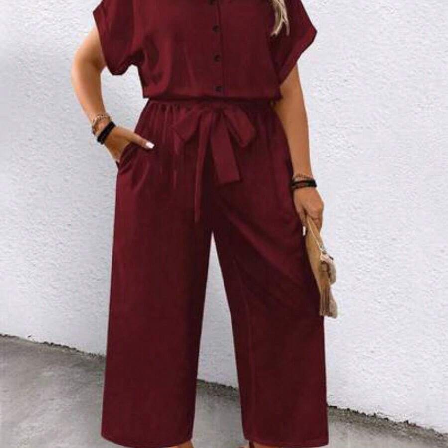 Plus Size Floral Print Button-Down Belted Short Sleeve Jumpsuit, Summer - Burdeos - Ver 1