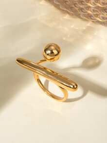 1 chiếc nhẫn hở tối giản bằng thép không gỉ mạ vàng 18K với họa tiết đường kẻ hình học. - Vàng - Xem 2