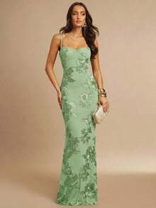 Vestido de tirantes finos maxi ajustado y elegante con diseño floral 3D en color marrón, adecuado para invitada de boda en otoño, fiesta, cóctel, noche, Navidad.Vestido maxi ceñido y con espalda descubierta, apropiado para fiesta de ot - Verde Niebla - Ver 1