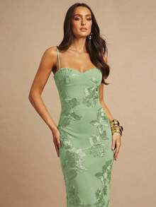 Vestido de tirantes finos maxi ajustado y elegante con diseño floral 3D en color marrón, adecuado para invitada de boda en otoño, fiesta, cóctel, noche, Navidad.Vestido maxi ceñido y con espalda descubierta, apropiado para fiesta de ot - Verde Niebla - Ver 6