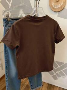 Camiseta de cuello redondo de manga corta para mujer con estampado digital de leopardo, regalo para amigos - Marrón - Ver 2