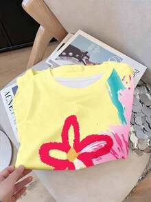 Camiseta blanca de manga corta con bordado floral imitación pesada y cuentas, nuevo estilo chino retro con bordado floral imitación y perlas, elegante camiseta blanca tipo dama, camiseta blanca suelta con imitación de bordado pesado y cuentas al es - Amarillo - Ver 3
