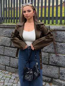 Chaqueta informal y suelta de piel sintética con cremallera para mujer, ropa de otoño - Marrón - Ver 1