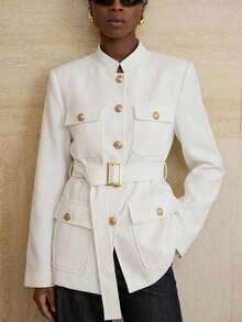 Chaqueta utilitaria de cuello alto, tweed grueso, abotonadura sencilla con botones metálicos y cinturón decorativo - Blanco - Ver 5