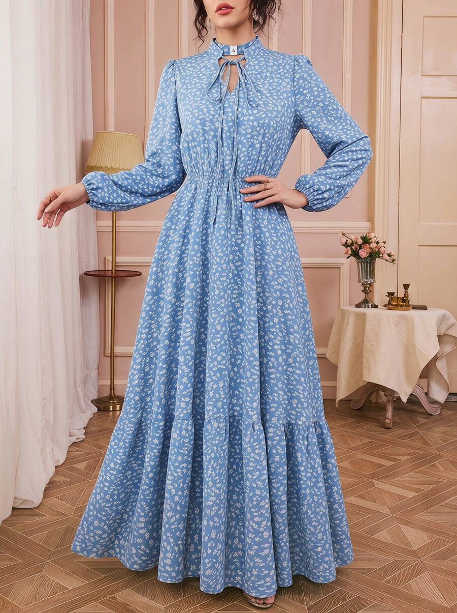 Solessence Elegant Loose Retro Ditsy Floral Casual Vacation Beach Party Flowy Dress, Spring/Autumn - Multicolor - View 1