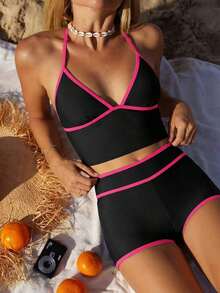 Bikini de 2 piezas con tiras de espagueti, copa triangular y shorts de cintura alta en contraste de azul y albaricoque, estilo dulce para mujer, Primavera/Verano 2026 - Negro - Ver 5