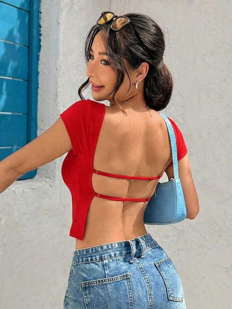 Camiseta corta negra de punto ajustada y sin espalda para verano - Rojo - Ver 1