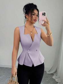 Blusa sin mangas con cuello plisado en forma de A para mujer, elegante y versátil, adecuada para ir al trabajo, vacaciones, citas, salidas, jardín, reuniones familiares, Día del Trabajo, días festivos, Día de la Independencia, vuelta al cole - Púrpura malva - Ver 1