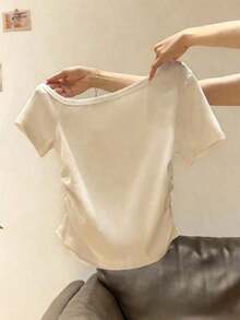 Camiseta casual de mujer con cuello asimétrico y decoración de cuentas, para verano - Albaricoque - Ver 4