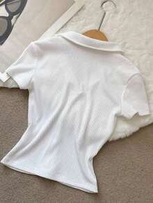 Camiseta polo de manga corta de ajuste ceñido y unicolor para mujer, casual de verano - Blanco - Ver 7