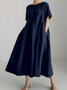 Vestido de lino suelto, casual, elegante y cómodo para mujer.Vestido largo suelto de manga corta, con bolsillo, cuello redondo y unicolor.Ajuste relajado para el verano - Azul marino - Ver 1