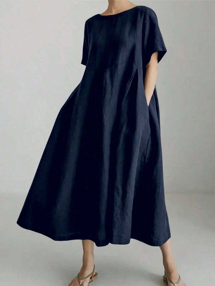 Vestido de lino suelto, casual, elegante y cómodo para mujer.Vestido largo suelto de manga corta, con bolsillo, cuello redondo y unicolor.Ajuste relajado para el verano - Azul marino - Ver 1