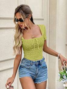 Camiseta de mujer de manga corta con cuello cuadrado, decoración de mariposa, textura jacquard de unicolor, primavera/verano - Verde - Ver 11
