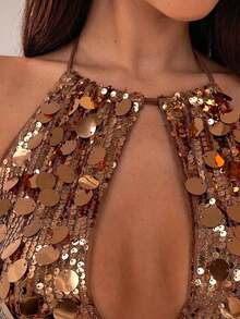 Nuevo camisol de tirantes finos con espalda descubierta y lentejuelas rosas para mujer, elegante y sexy, ideal para el Día de San Valentín, fiestas y viajes - Café integral - Ver 7