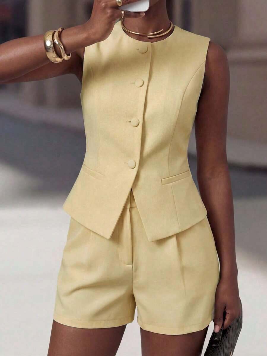 Traje elegante de oficina para mujer en amarillo claro/crema - Amarillo claro - Ver 1