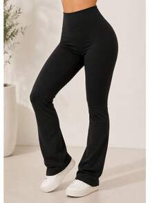 Women's Flare Ballerina Pants Plush Flannel High Waist Thermal Lined Plush - 黑色 - 查看 1