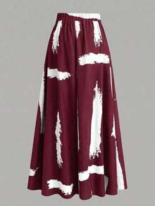 Falda casual y suelta con diseño único de estampado de pintura de tinta para mujer, elegante y estilizadora para vacaciones - Rojo - Ver 3