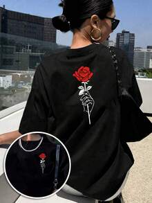 Camiseta Casual de Cuello Redondo para Mujer con Estampado de Rosas, Manga Corta, Largo Regular, Moda Primavera/Verano/Otoño, Diseño de Doble Cara, Ropa Casual|Top con Estampado Floral|Short Sleeve Shirt Y2k Camiseta Camisa De - Blanco - Ver 10