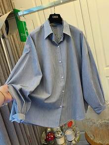 Women's Blue & White Striped Loose Fit Shirt, Tie Back Design, Suitable For Commuting, Casual Wear, Beach, Vacation - Navy Blue - View 2