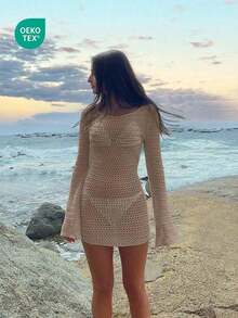 Vestido corto de punto transparente con espalda descubierta y diseño calado, para playa y vacaciones, de unicolor y manga larga, para primavera/verano - Caqui - Ver 8