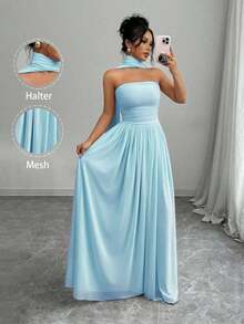 Elenzya 1 pieza Vestido largo de mujer de unicolor con detalle de pliegues, vestido largo elegante sin mangas para mujer - Azul - Ver 3