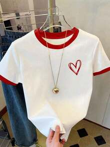 Camiseta de mujer de cuello redondo de manga corta con estampado digital y bordado de corazón - Blanco 2 - Ver 1