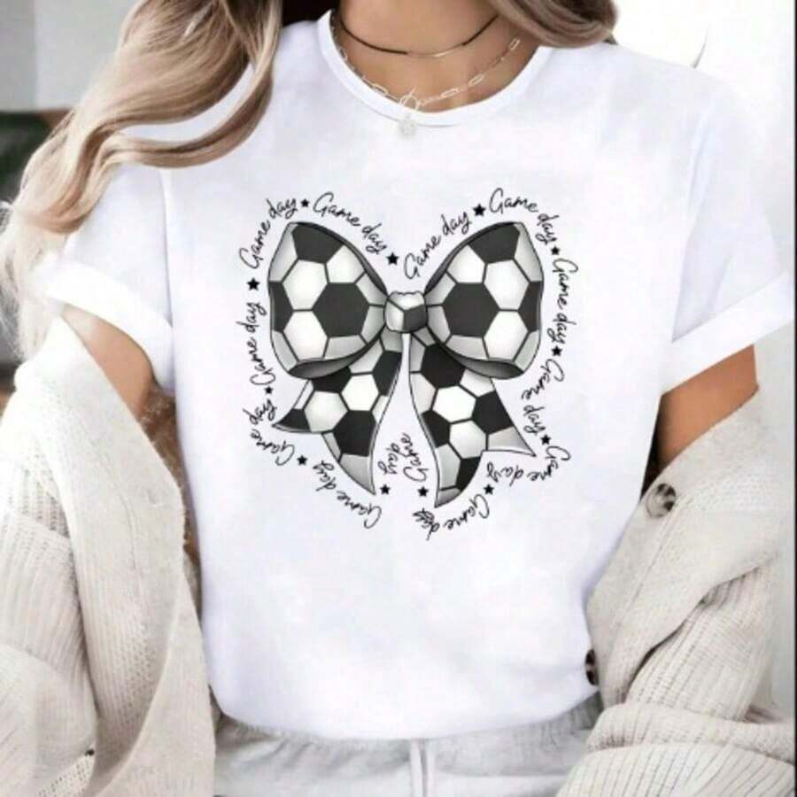 Collection Of Pretty Printed T-Shirts, 100% Cotton For Women, Basic Everyday T-Shirt, Short Sleeve, Casual And Elegant Top, Bow And Heart Prints, Fun Fashion T-Shirt, Aesthetic Summer Set, Gift For Her - Urban Vintage Style, Unisex Loose Cotton Short Sleeve Round Neck T-Shirt, Blouses For Women, Women's T-Shirts, Casual Blouses For Ladies. - 白色 5 - 查看 1