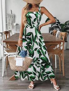 Vestido deslizante casual y elegante con diseño de cintura elástica, lazo de moño y estampado floral para vacaciones y uso diario de mujer - Multicolor 2 - Ver 3