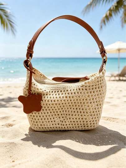 1pc Summer Beach Crochet Shoulder Bag, 1pc Hollow Woven Tote Bag, Large Capacity With Leather Strap And Cute Bear Decor, Breathable Cotton Blend Material, Boho Minimalist Style, Zipper Closure, Suitable For Daily And Vacation Use, Perfect Summer Accessory For Women Shopping, Travel And Swimming