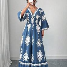 Elenzya Plus Size Blue & White Elegant Fitted Shirred Print Cinched Waist Jumpsuit - Azul y blanco - Ver 5