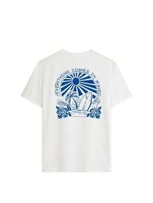 Camisetas de manga corta para mujer, cuello redondo, camiseta de verano para mujer, nueva, sencilla, con estampado de árbol y playa, estilo informal para vacaciones, holgada, versátil, de cuello redondo, azul, de manga corta, camiseta moderna para uso diario, adecuada para el uso diario en vacaciones. - Blanco - Ver 4