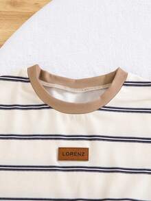 2pcs/Set Boys' Casual Striped Splice Collar Sleeveless Top And Solid Color Pocket Drawstring Shorts, Spring/Summer - Khaki - View 4