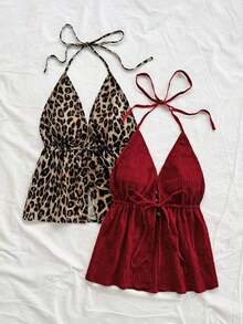 WYWH 2 piezas Camiseta sin espalda con escote en V y tirantes con estampado de leopardo sexy, adecuada para vacaciones, citas, té de la tarde, vacaciones, festivales de música, estilo bohemio - Burdeos - Ver 6