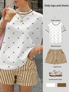 2 piezas Conjunto casual de mujer con camiseta con estampado de leopardo y lazo decorativo + shorts a rayas - Café integral 3 - Ver 6