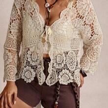 Plus Size Casual Solid Color Openwork Knit Cardigan Winter Fall Autumn - Rojo - Ver 7